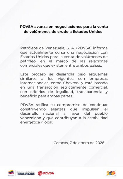 Estatal venezolana Pdvsa confirma negociación para venta de petróleo a Estados Unidos