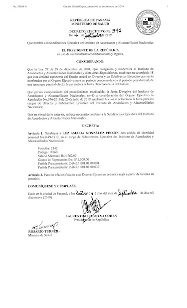 Ejecutivo oficializa designación de Luz González Pinzón en la subdirección del Idaan