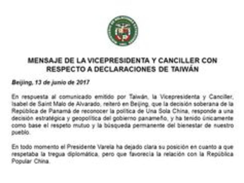 Taiwán, indignada por la decisión de Panamá de establecer relaciones con China