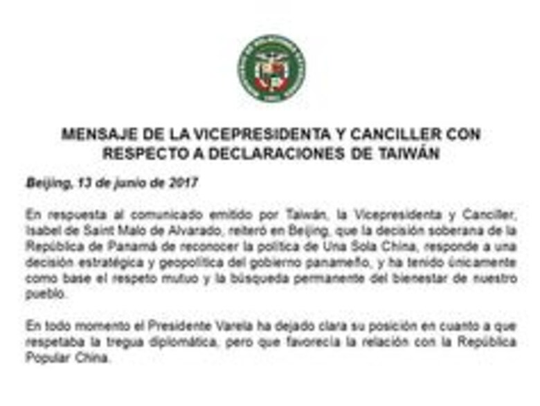 Taiwán, indignada por la decisión de Panamá de establecer relaciones con China