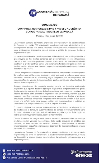 Asociación Bancaria advierte riesgos del proyecto de ley sobre prescripción de deudas