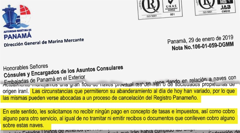Panamá debe abstenerse de abanderar buques de Irán