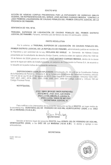Tribunal declara no viable una solicitud de hábeas corpus para José Antonio Carrizo