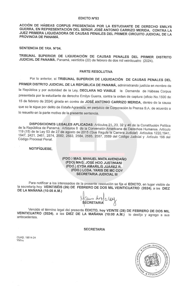 Tribunal declara no viable una solicitud de hábeas corpus para José Antonio Carrizo