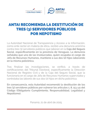 Antai recomienda la destitución de tres miembros de una familia que laboran en una policlínica de la CSS en Veraguas