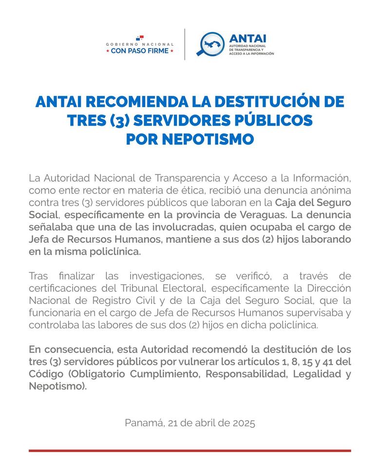 Antai recomienda la destitución de tres miembros de una familia que laboran en una policlínica de la CSS en Veraguas