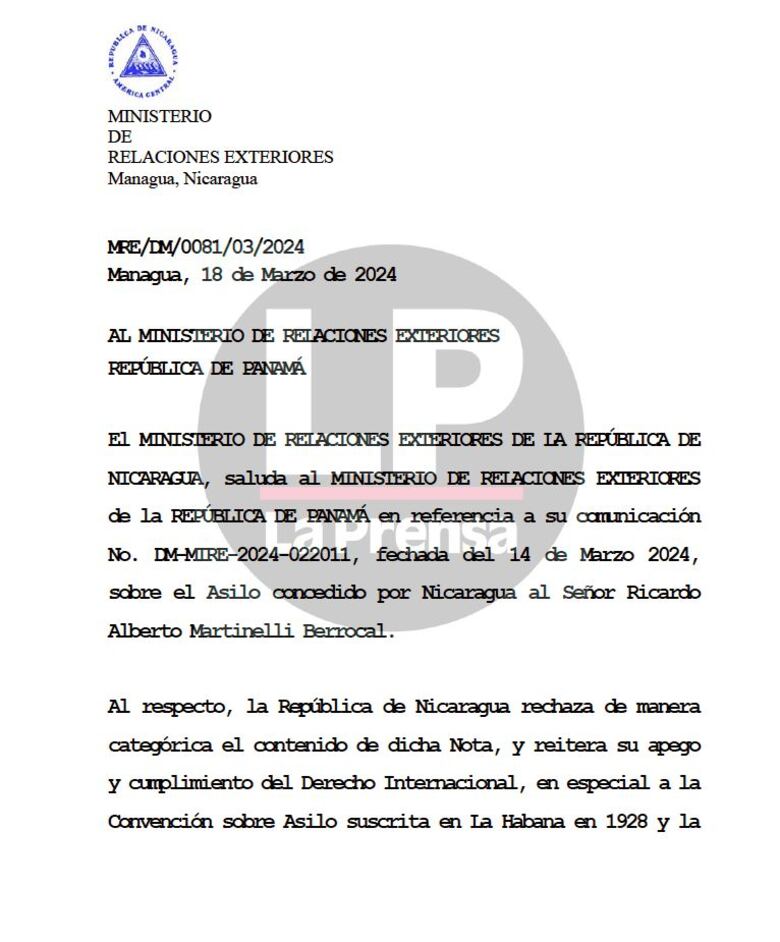 Nicaragua rechaza los señalamientos de Panamá y pide el salvoconducto para Martinelli