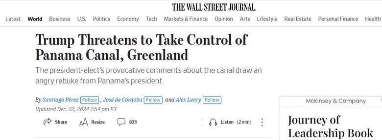 Así publicaron los diarios del mundo las amenazas de Trump de reclamar el Canal Panamá