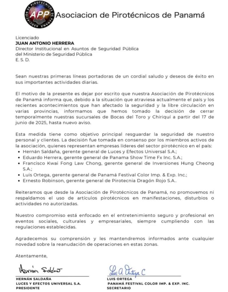 Empresas pirotécnicas suspenden operaciones en Bocas del Toro y Chiriquí por motivos de seguridad