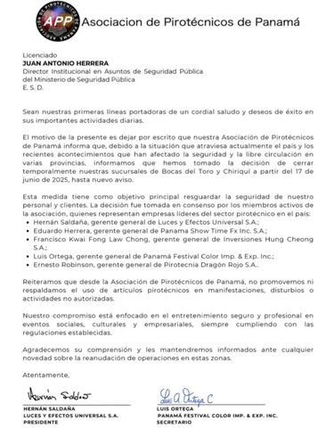 Empresas pirotécnicas suspenden operaciones en Bocas del Toro y Chiriquí por motivos de seguridad