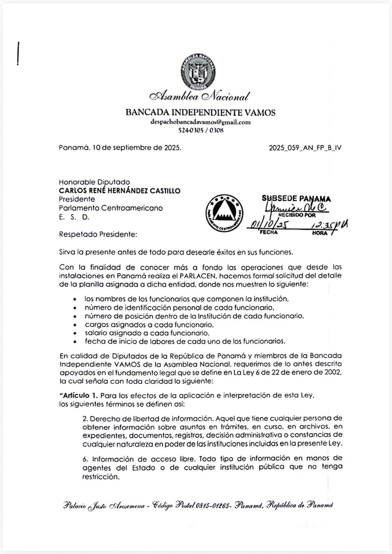 Diputados de la bancada Vamos piden la planilla del Parlacen en Panamá