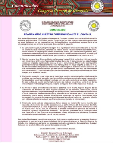 Comarca Guna Yala suspende la salida de sus habitantes desde el 23 de noviembre