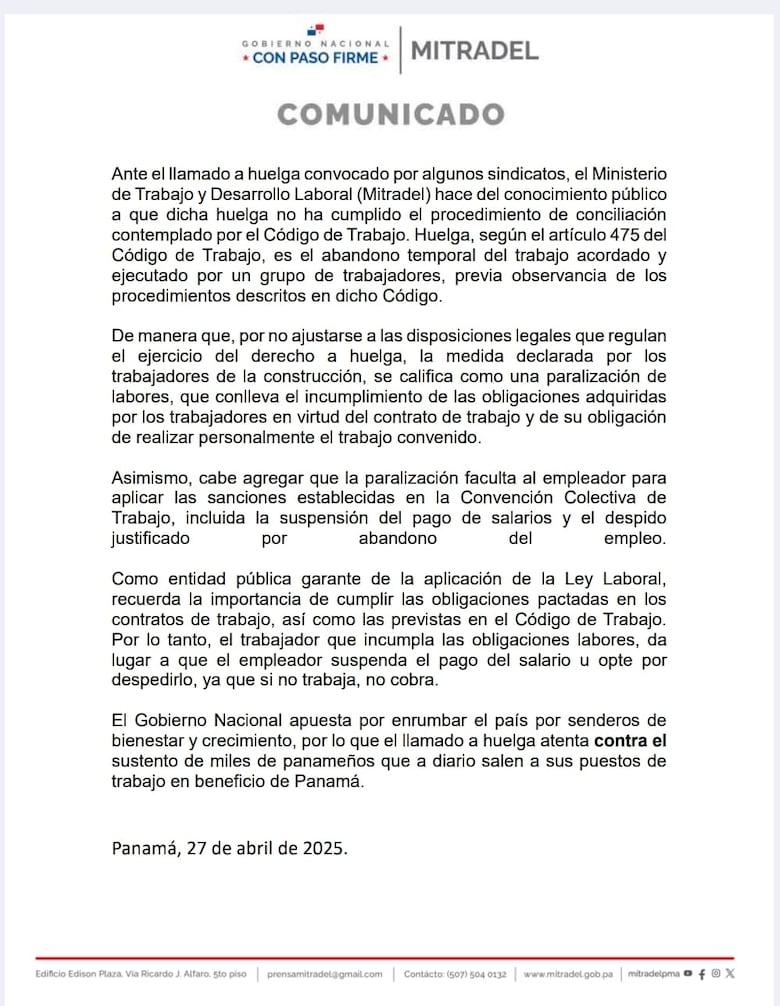 Mitradel: la huelga en la construcción es ilegal y puede provocar sanciones como despidos