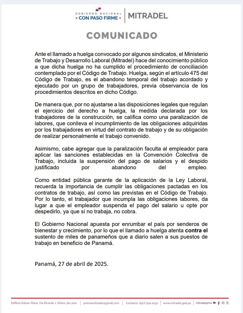 Mitradel: la huelga en la construcción es ilegal y puede provocar sanciones como despidos
