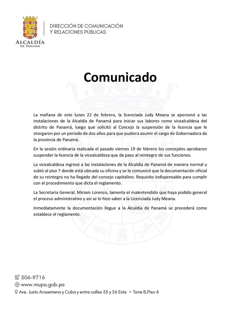 Judy Meana sin poder reintegrarse a su puesto; Concejo no envió resolución a la Alcaldía de Panamá