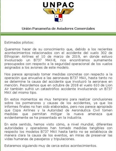 Copa monitorea investigaciones por tragedia del Boeing 737 Max 8