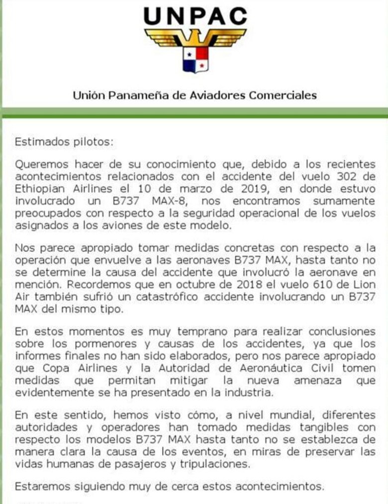 Copa monitorea investigaciones por tragedia del Boeing 737 Max 8