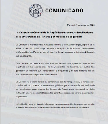 Contraloría retira fiscalizadores de la Universidad de Panamá, medida responde a manifestaciones