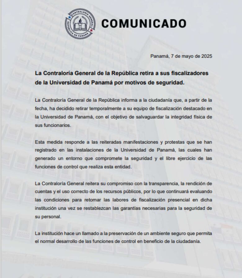 Contraloría retira fiscalizadores de la Universidad de Panamá, medida responde a manifestaciones
