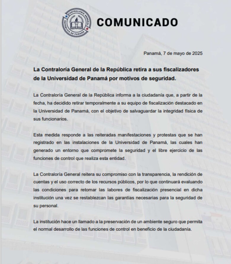 Contraloría retira fiscalizadores de la Universidad de Panamá, medida responde a manifestaciones