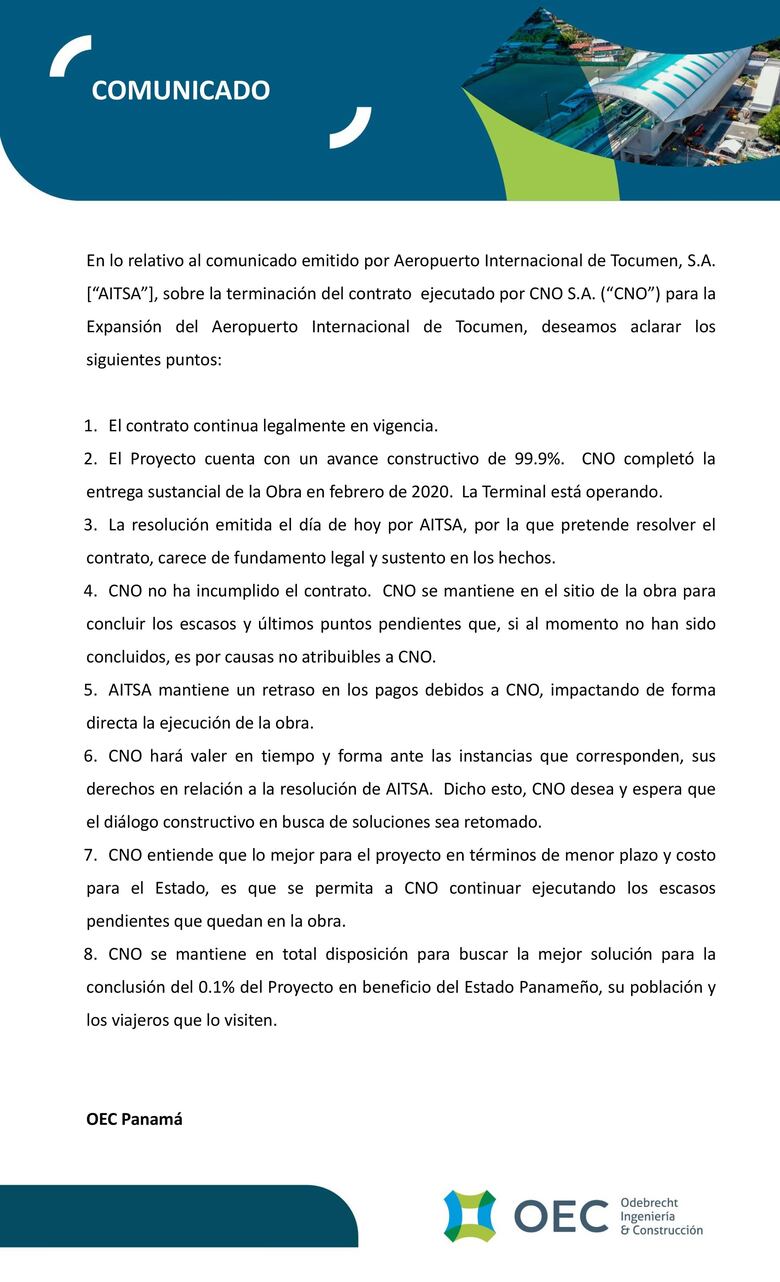 Odebrecht responde a Tocumen: ‘El contrato continúa legalmente en vigencia’