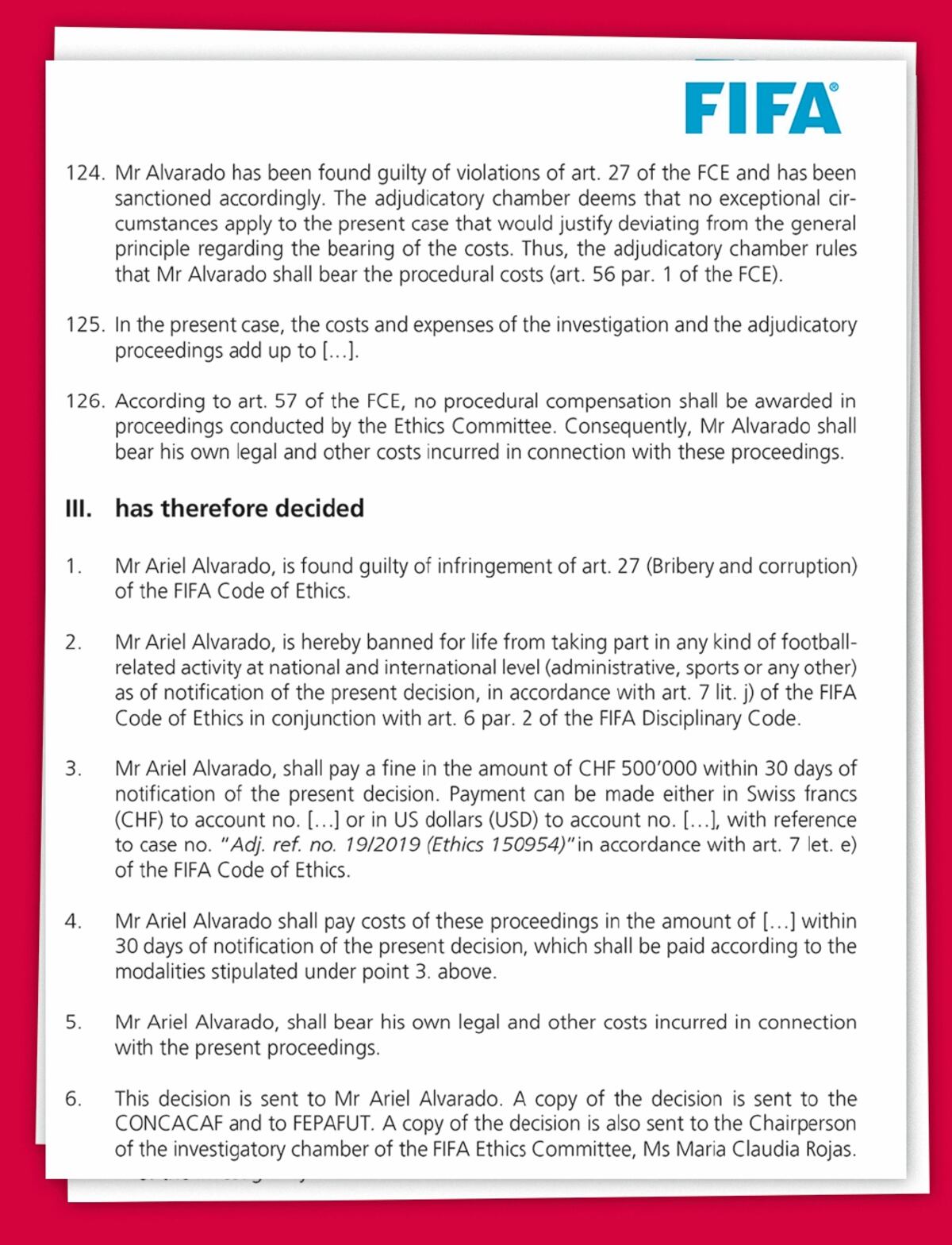 La decisión de la FIFA comunicada en inglés después de la descripción de 126 hechos que sustentan dicho fallo. Internet