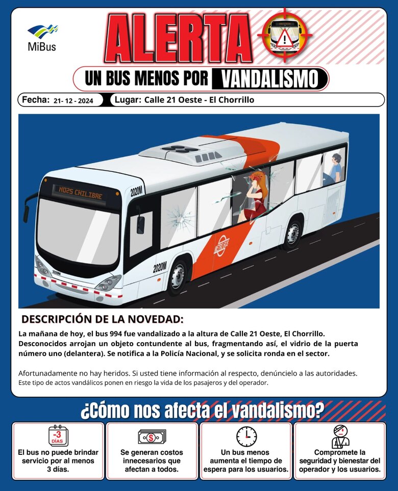 Más de un acto vandálico diario en vehículos de Mi Bus: inseguridad que no cesa
