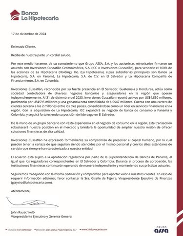 Inversiones Cuscatlán firma acuerdo para adquirir el 100% de las acciones de La Hipotecaria