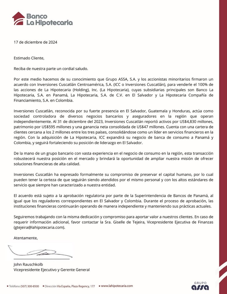 Inversiones Cuscatlán firma acuerdo para adquirir el 100% de las acciones de La Hipotecaria
