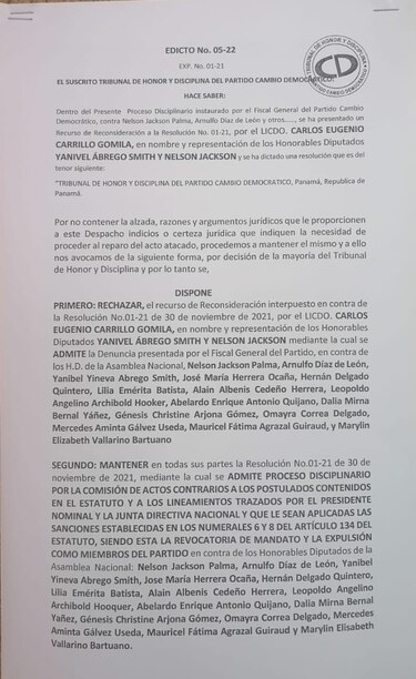 Tribunal de Honor de Cambio Democrático rechaza reconsideración presentada por grupo opositor a Roux