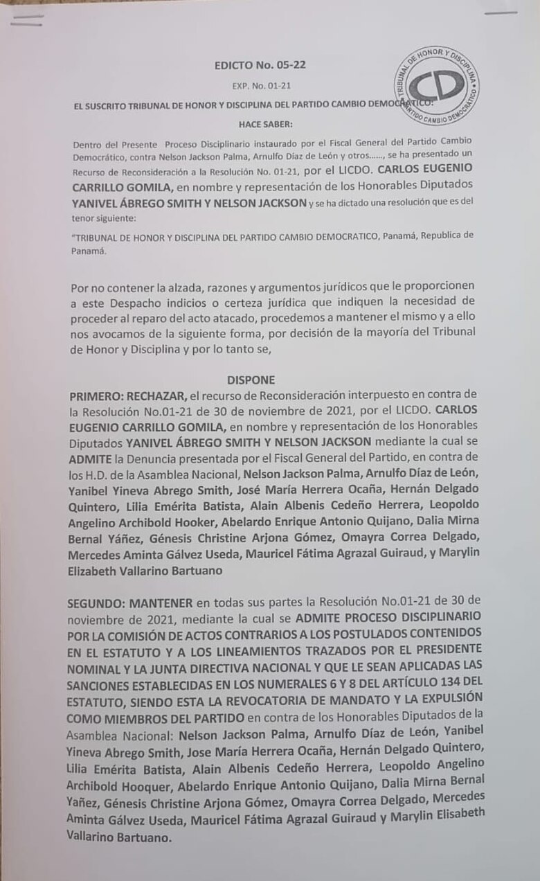 Tribunal de Honor de Cambio Democrático rechaza reconsideración presentada por grupo opositor a Roux