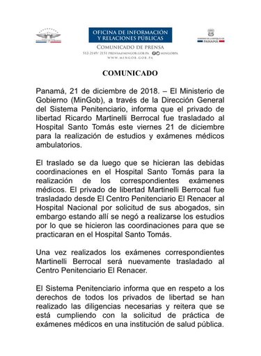 Martinelli ya está en El Renacer, al negarse a unos estudios en el Hospital Nacional, dice Sistema Penitenciario