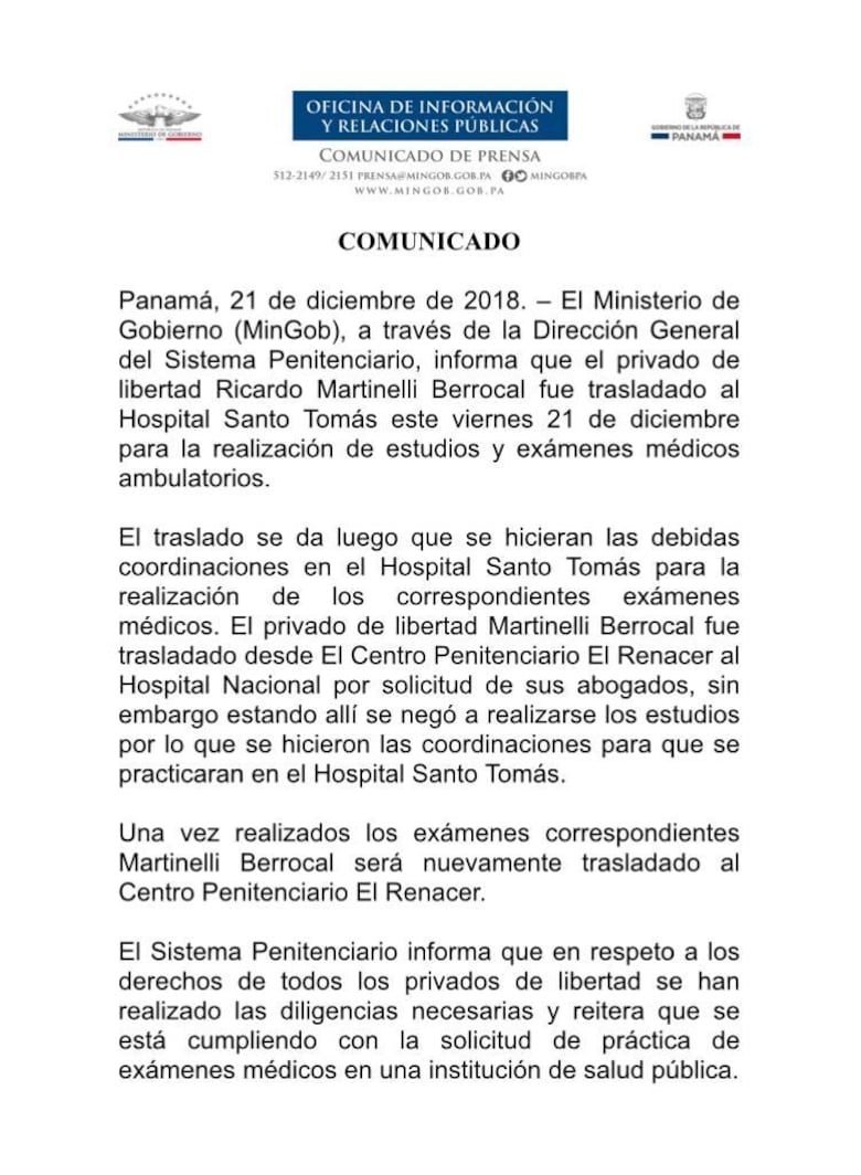 Martinelli ya está en El Renacer, al negarse a unos estudios en el Hospital Nacional, dice Sistema Penitenciario