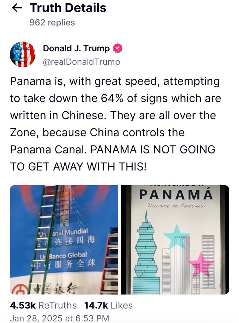 Trump acusa a Panamá de retirar letreros en chino como prueba que ‘China controla el Canal’