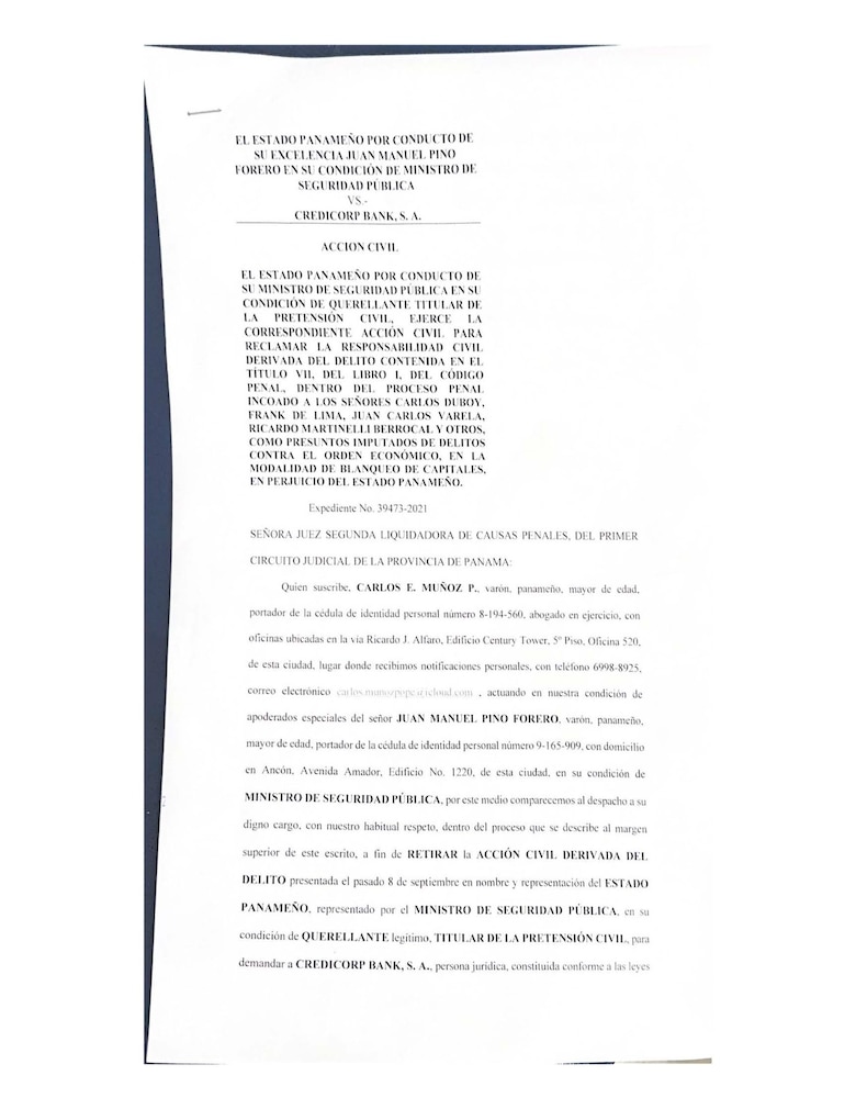 El Estado panameño retira la demanda civil contra el Credicorp Bank