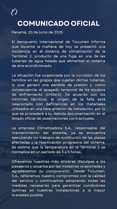 Falla en sistema de aire acondicionado afectó temporalmente la Terminal 2 de Tocumen