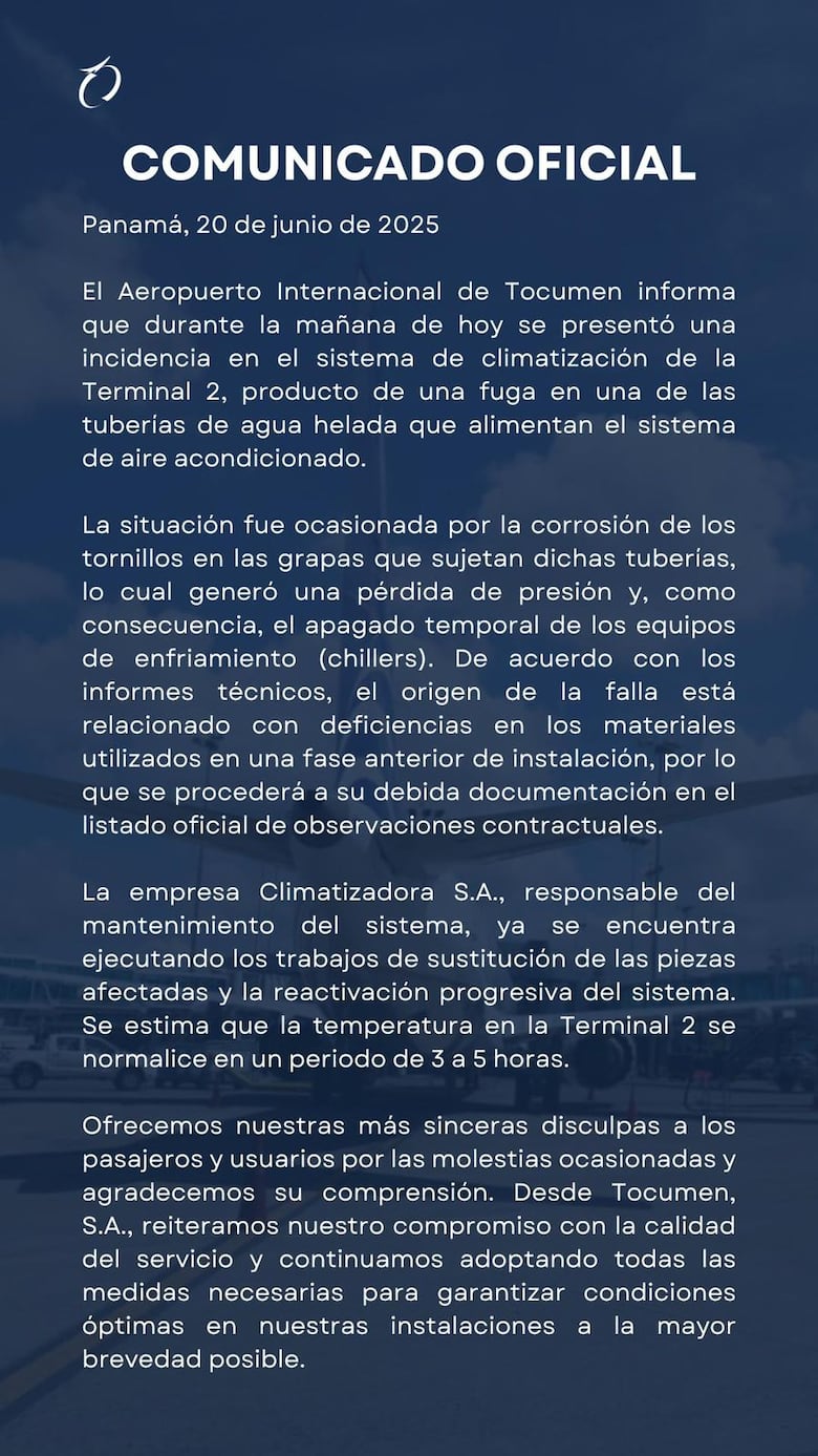 Falla en sistema de aire acondicionado afectó temporalmente la Terminal 2 de Tocumen