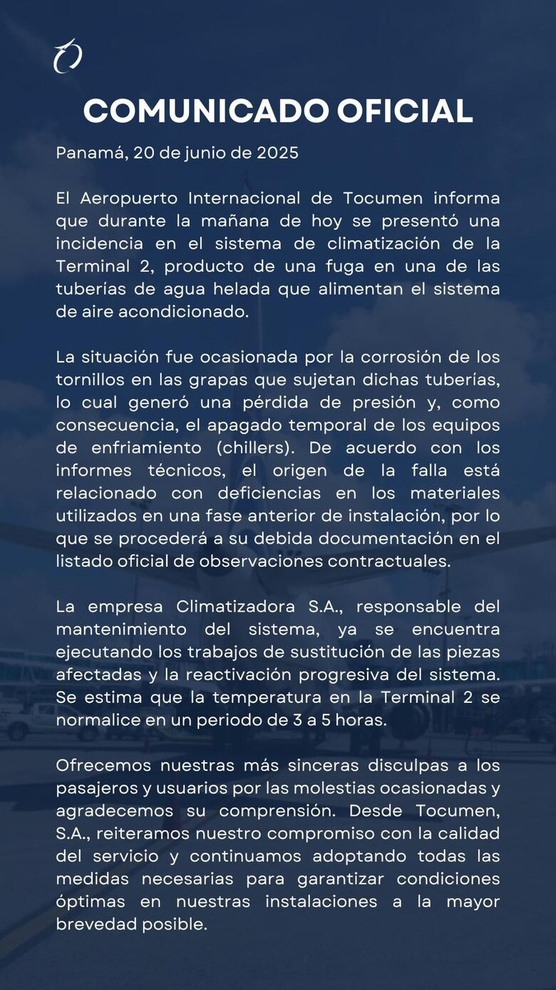 Falla en sistema de aire acondicionado afectó temporalmente la Terminal 2 de Tocumen