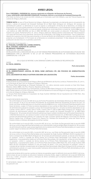 Aviso legal para Cresswell Overseas SA y Leopoldo José Briceño Punceles