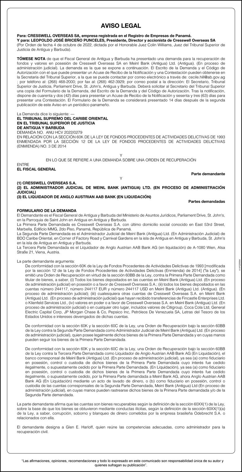 Aviso legal para Cresswell Overseas SA y Leopoldo José Briceño Punceles