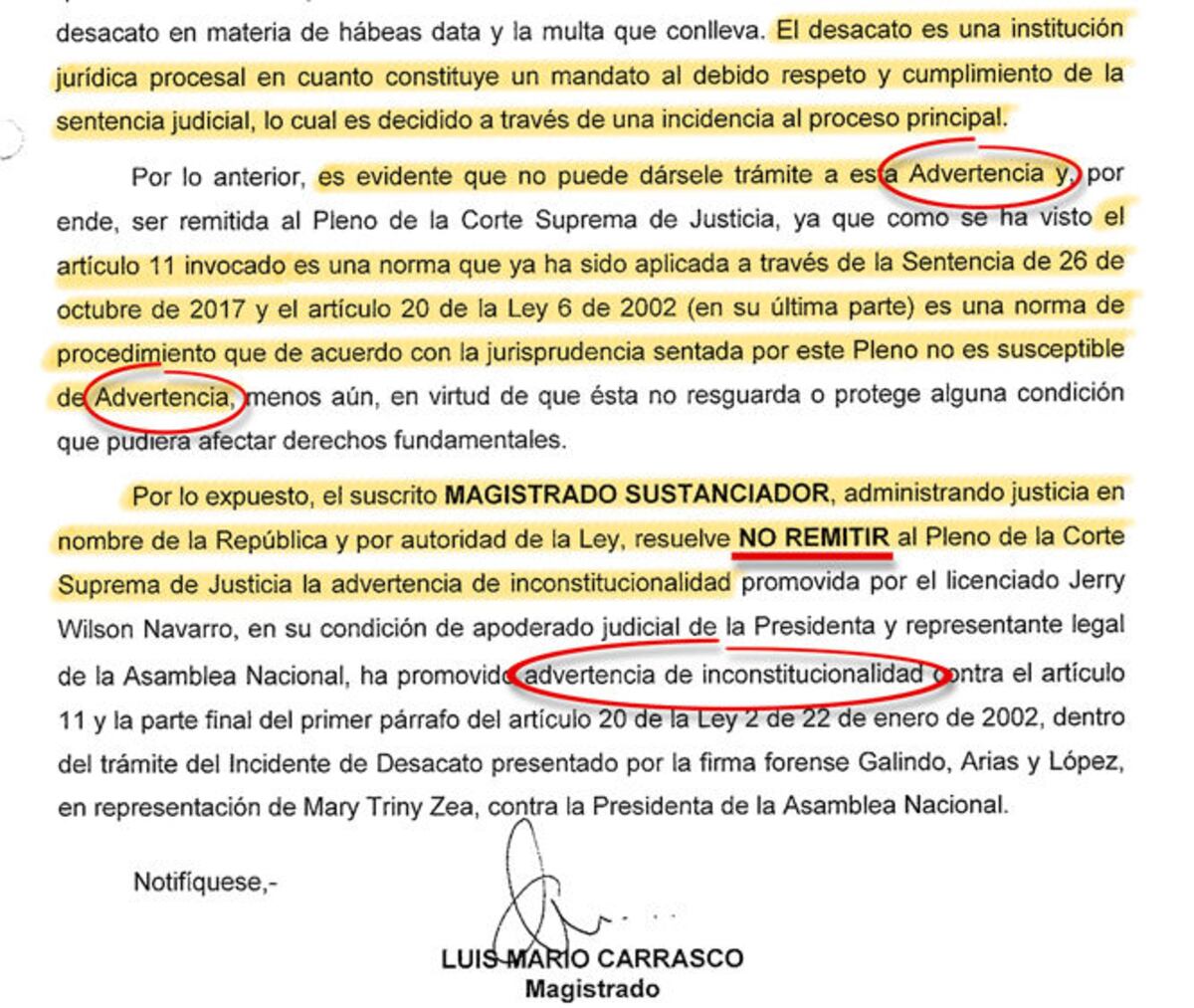 La Corte Suprema no admitió la advertencia de inconstitucionalidad contra la Ley de Transparencia a