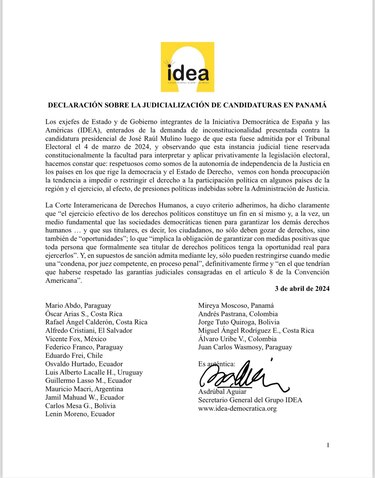 Declaración conjunta: 20 exmandatarios se pronuncian sobre candidatura de Mulino