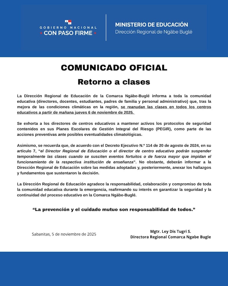 Meduca anuncia retorno a clases en la Comarca Ngäbe-Buglé tras mejora de condiciones climáticas