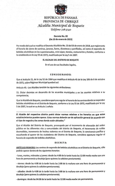 Alcalde establece nuevo horario para la venta de bebidas alcohólicas en Boquete