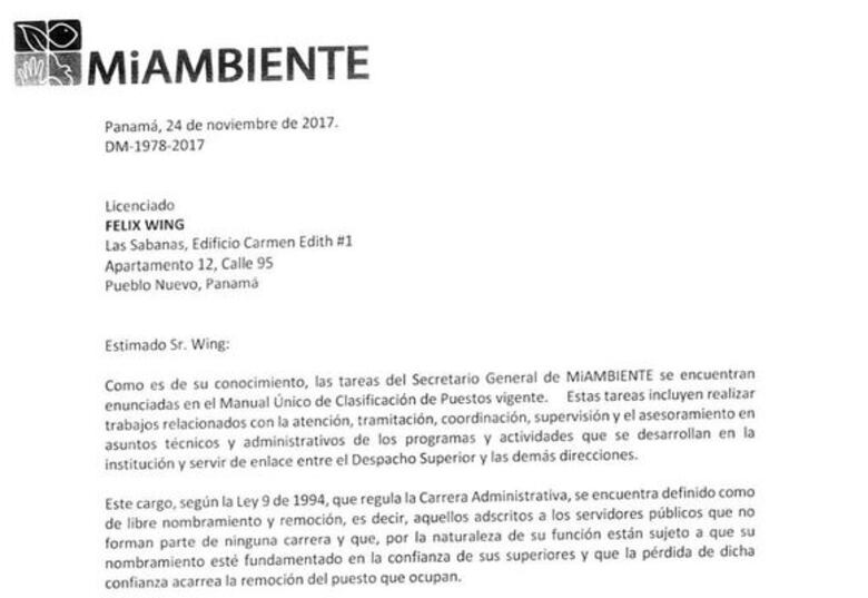 Ministro de Ambiente le pide la renuncia a Félix Wing, secretario general de la entidad