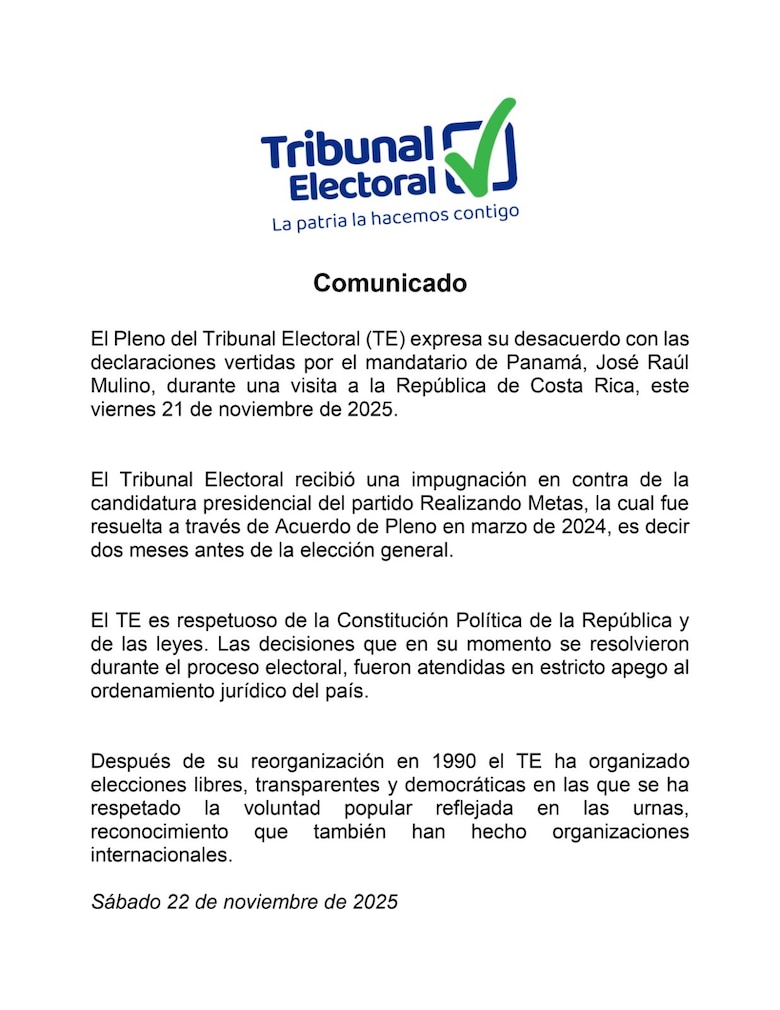 Tribunal Electoral expresa desacuerdo por declaraciones ‘vertidas’ por el presidente Mulino