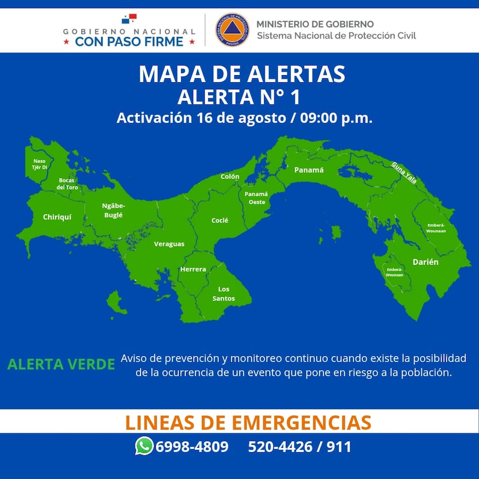 Sinaproc declara alerta verde preventiva en Panamá por efectos indirectos del huracán Erin