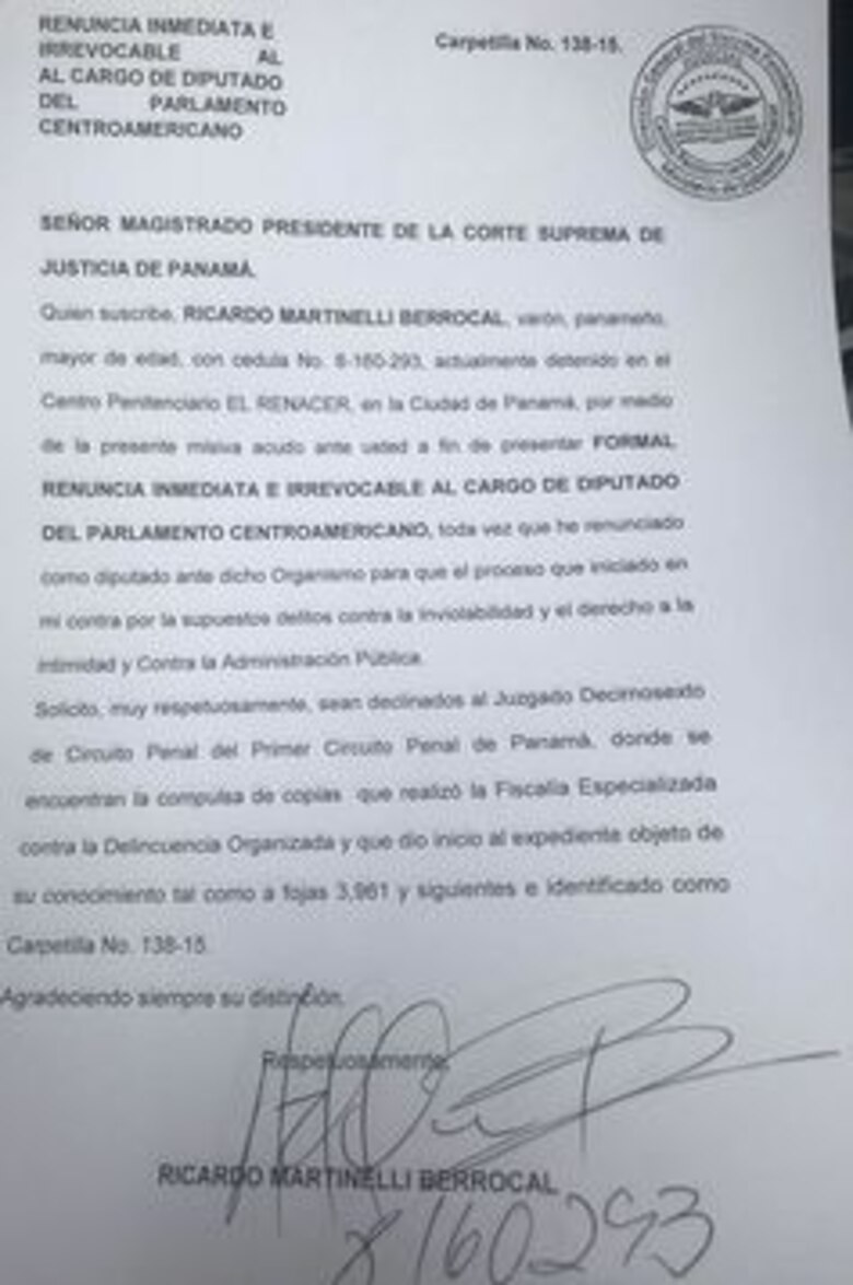 Ricardo Martinelli informa a la Corte que renunciará al Parlacen