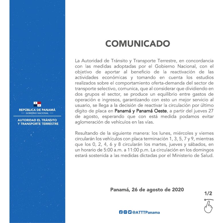 Taxis volverán a circular en Panamá y Panamá Oeste de acuerdo con el número de placa