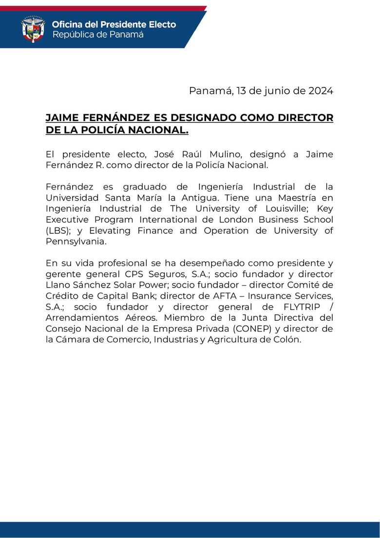 Jaime Fernández es designado como director de la Policía Nacional por Mulino